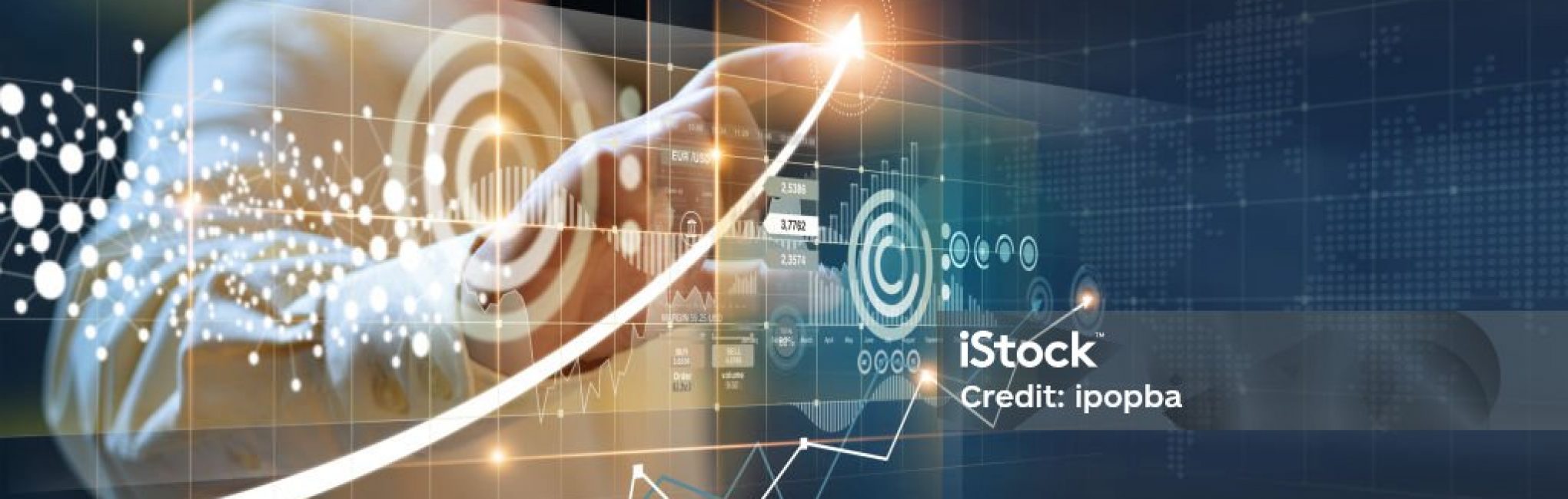 Businessmen pointing to arrows and business growth graphs on a modern virtual interface on global network, Banking, Stock market and currency exchange.